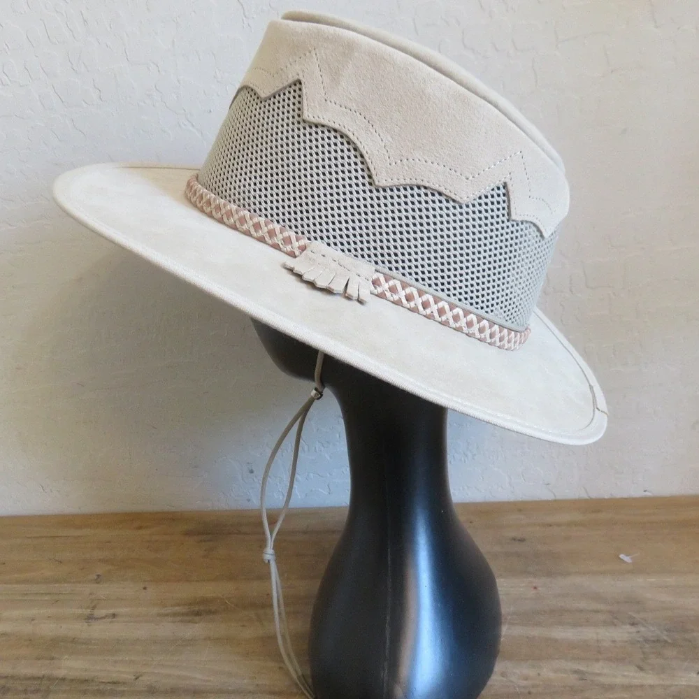 ArizonaHatLadies Tan Suede‎ Mesh Safari Sun Hat Wide Brim XL Made in USA Unisex